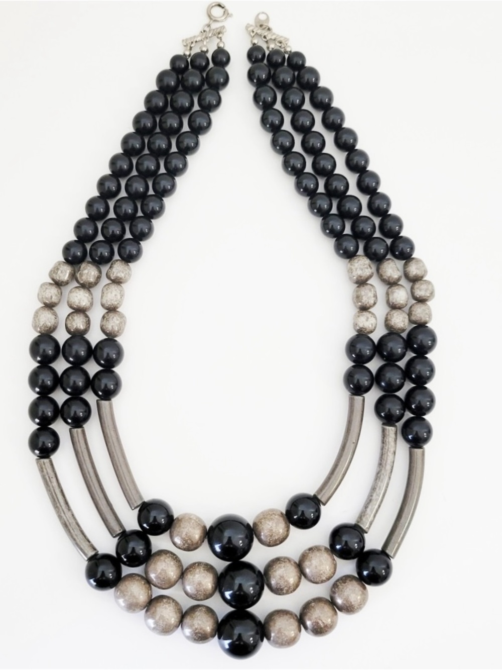 Vintage Black & Gray 3 Strand Beaded Stone Statement Necklace Japan 20” Jewelry